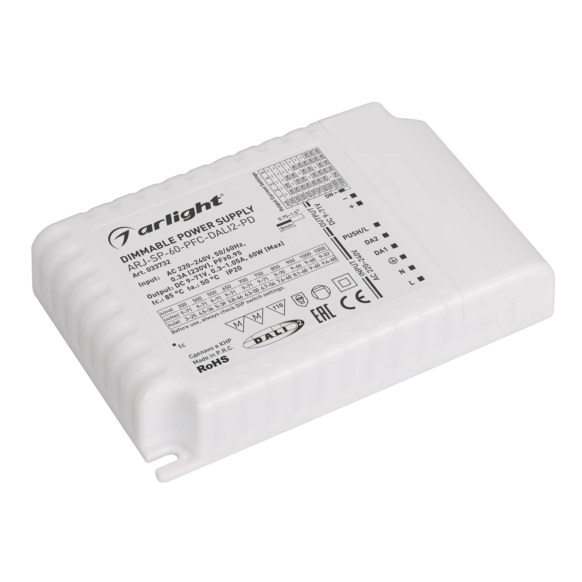 Блок питания ARJ-SP-60-PFC-DALI2-PD (60W, 9-71V, 0.35 -1.05A) (Arlight, IP20 Пластик, 5 лет) - изображение товара