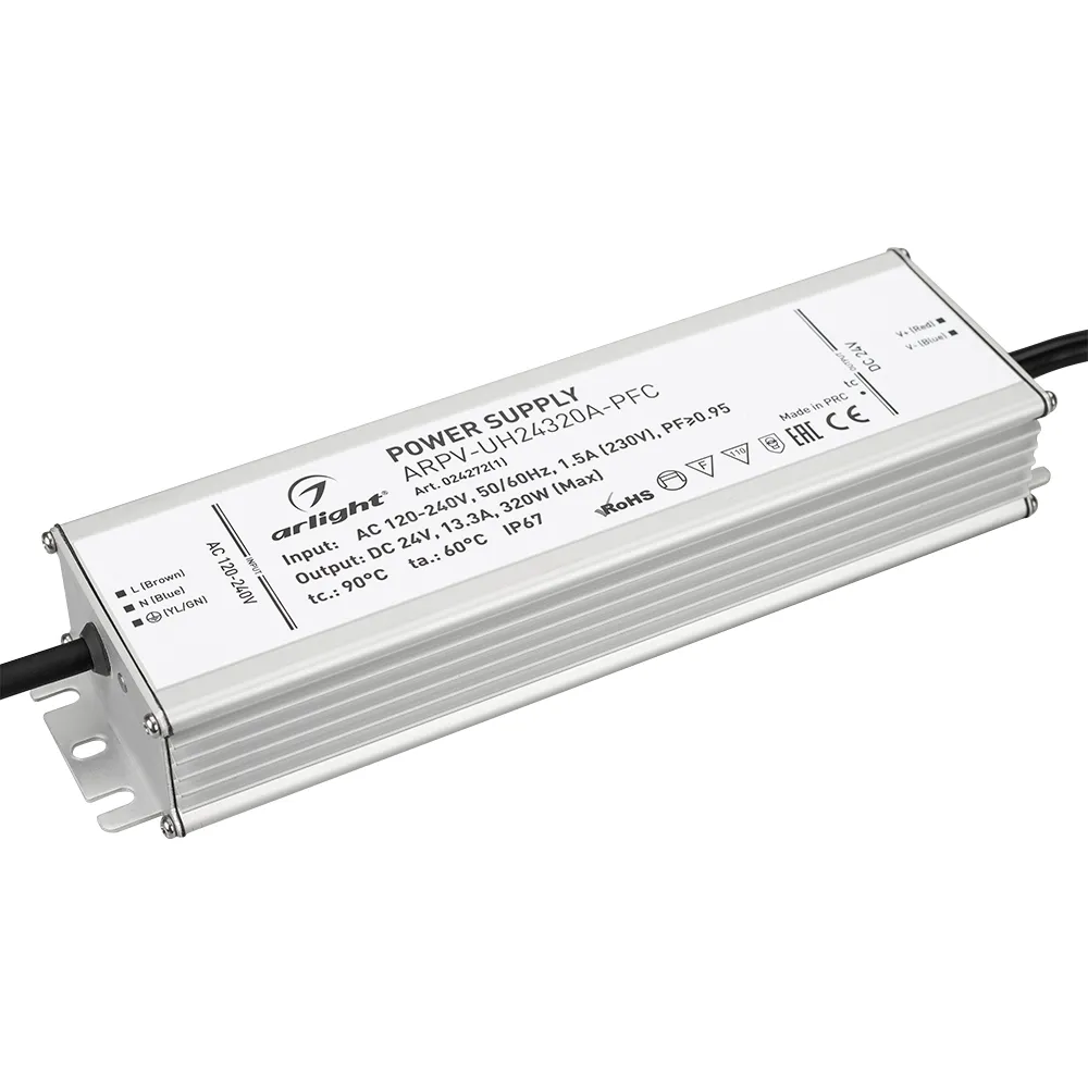 Блок питания ARPV-UH24320A-PFC (24V, 13.3A, 320W) (Arlight, IP67 Металл, 7 лет) - изображение товара